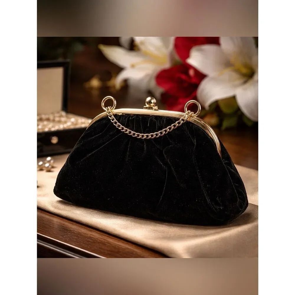 Black Velvet Shell Evening Bag - Picture 1 of 4